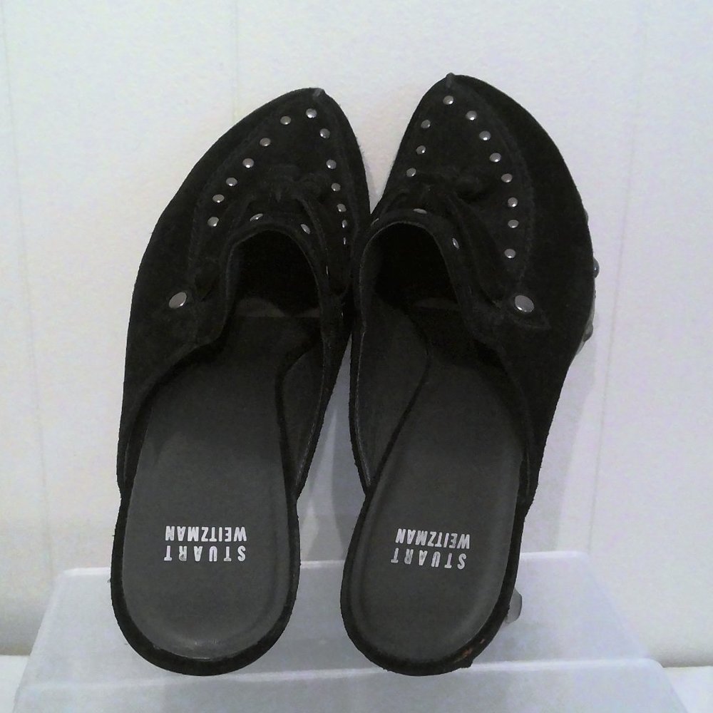 Stuart Weitzman black Suede Mule Heel Slides Sz 7.5 - Picture 2 of 5